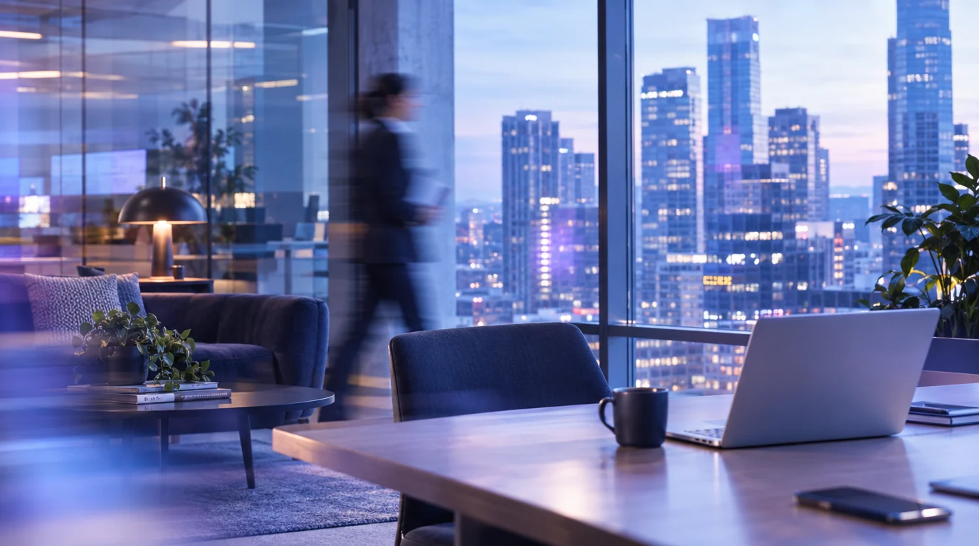 A person walking through a high-rise office at dusk, a laptop in the foreground and the city behind