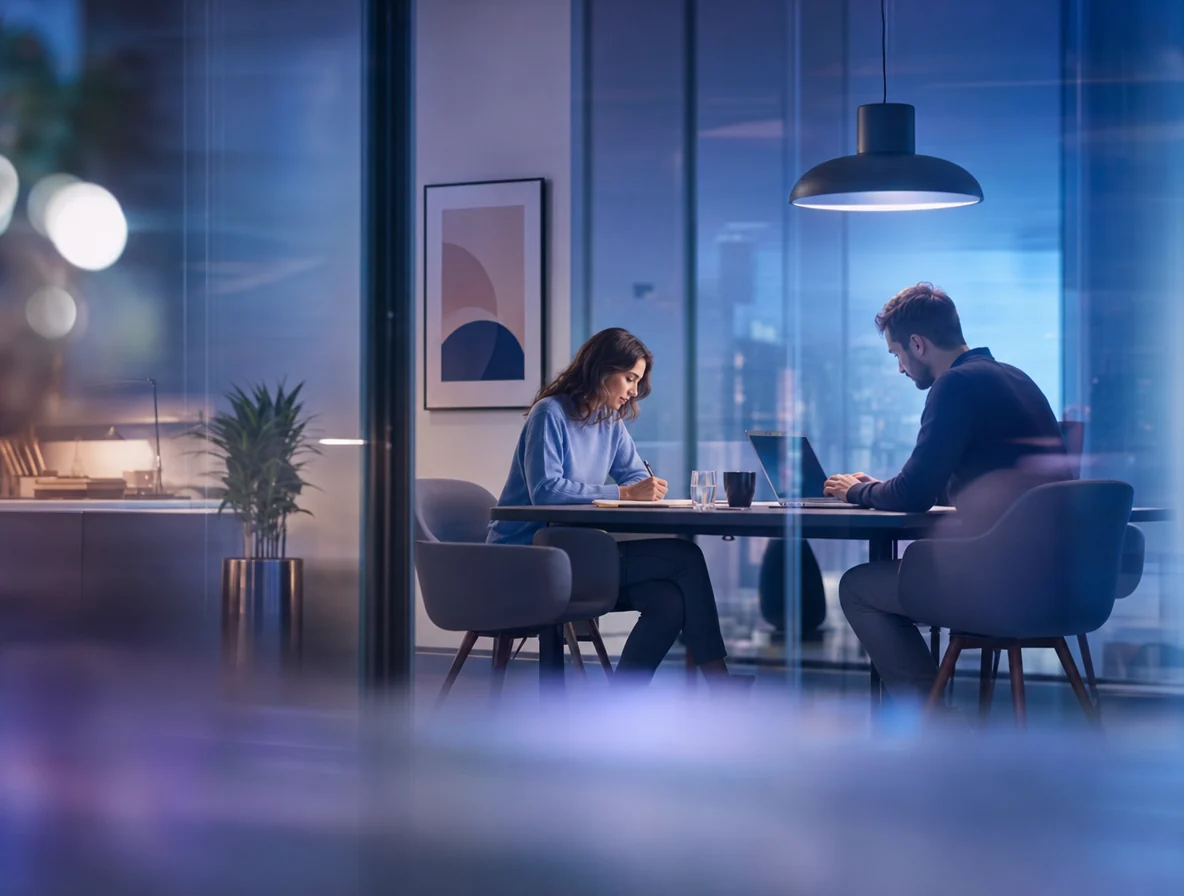 Two colleagues working across a table in a glass-walled office at dusk
