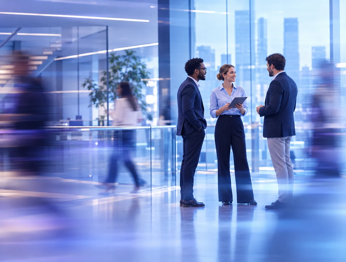 Three colleagues talking in a bright office lobby