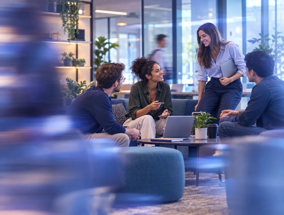 A team talking and laughing in a lounge area