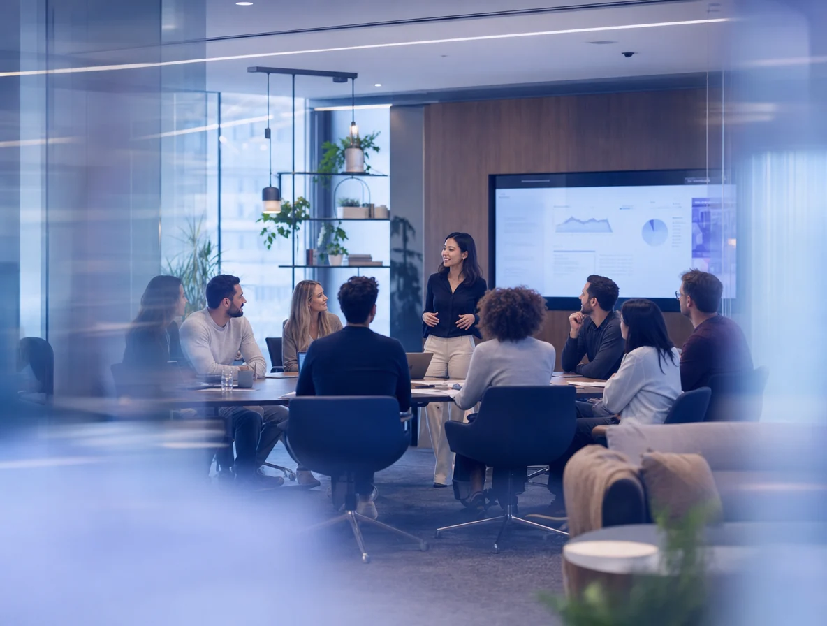 A presenter speaking to a team in a meeting room with a dashboard on screen